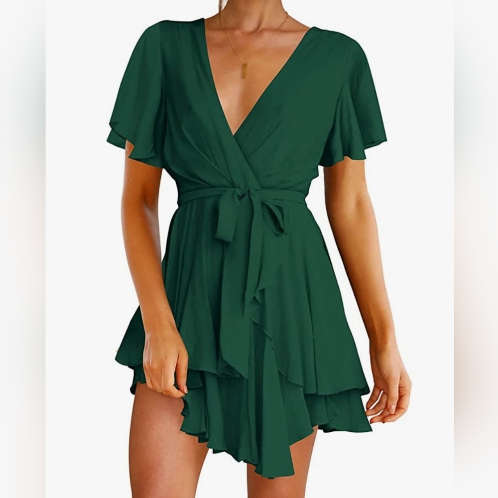 Women's Dress Deep V-Neck Short Sleeve Waist Tie Ruffle Mini Swing Skate